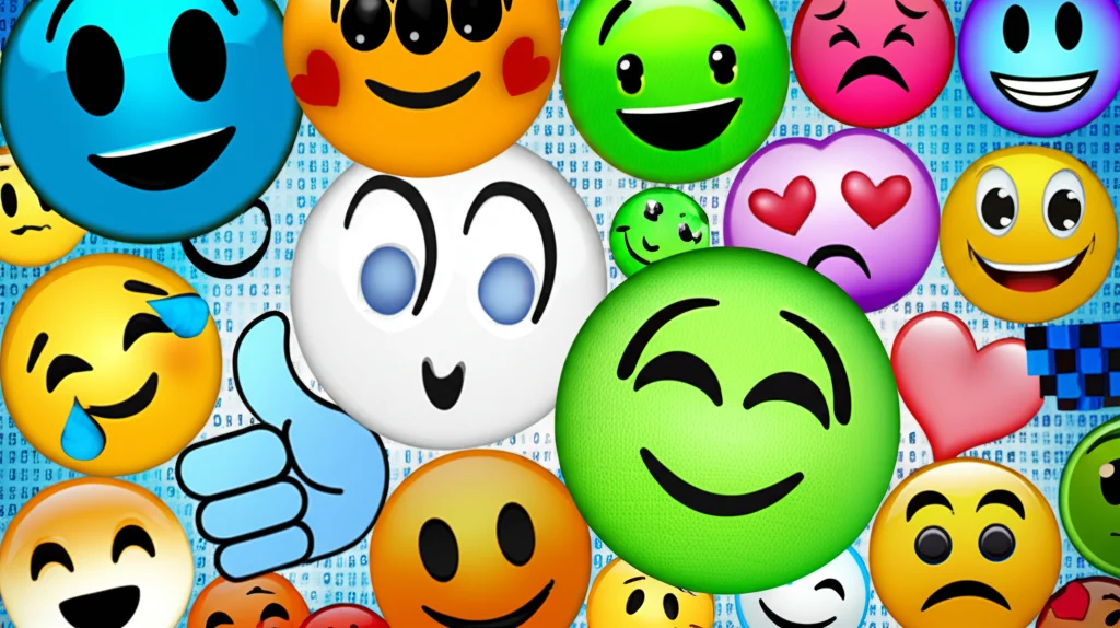 Un collage di diverse emoji colorate e popolari (faccine sorridenti, cuori, pollici in su) disposte su uno sfondo astratto e digitale. Obiettivo macro 60mm per evidenziare i dettagli e la texture delle emoji, illuminazione vivace e controllata.