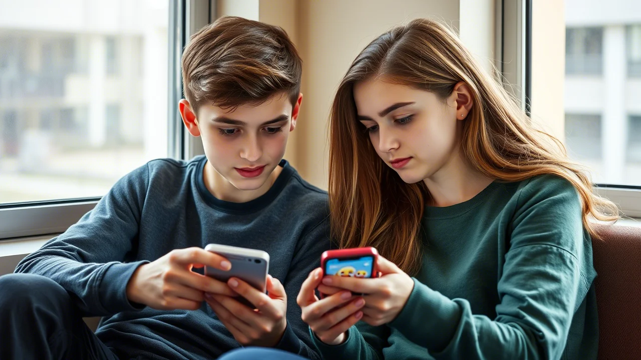 Due giovani, uno apparentemente più giovane (17 anni) e uno leggermente più grande (24 anni), entrambi della Generazione Z, guardano lo stesso schermo di smartphone che mostra un annuncio con emoji. Il più grande sembra più coinvolto e interessato. Fotografia di ritratto, obiettivo 50mm, profondità di campo per mettere a fuoco entrambi i volti, luce naturale da finestra.