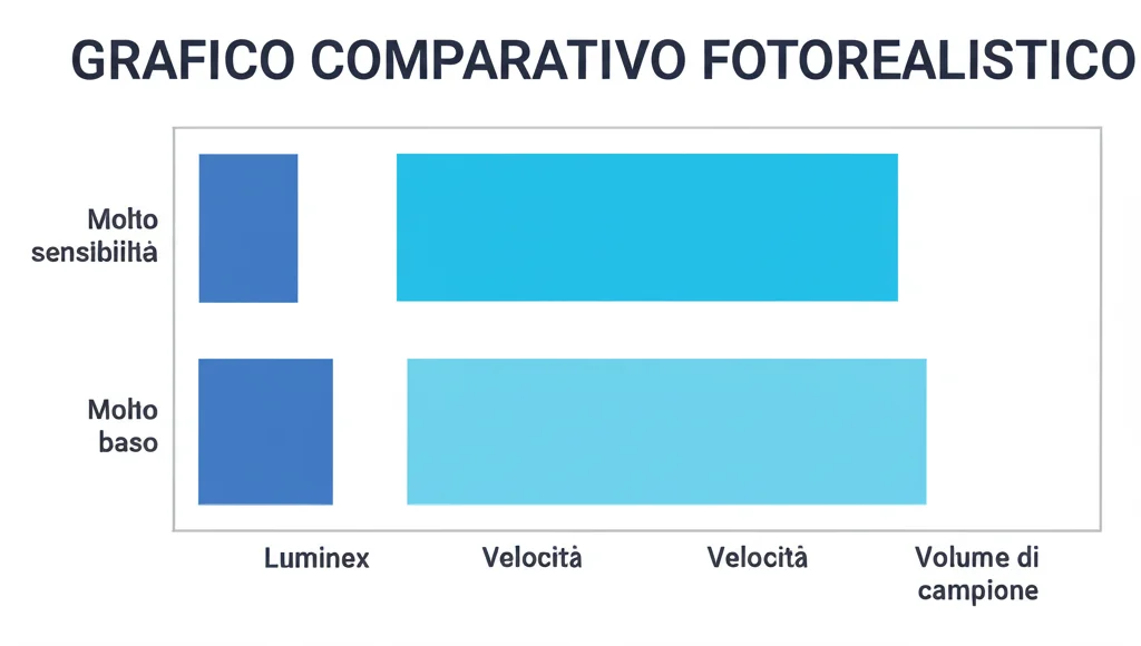 Grafico comparativo fotorealistico che illustra i vantaggi di LIT: una barra per la sensibilità (molto alta), una per la velocità (molto rapida) e una per il volume di campione (molto basso), confrontate con barre più sfavorevoli per tecnologie tradizionali come Luminex. Stile infografica high-tech, colori vivaci.