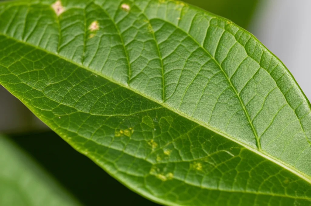 Macro fotografia di foglie di caprifoglio (Lonicera japonica) che mostrano segni iniziali di stress idrico, leggermente appassite. Obiettivo macro 90mm, illuminazione controllata per evidenziare la texture della foglia, messa a fuoco precisa sulle nervature.