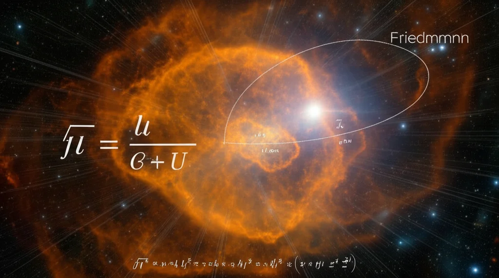 Visualizzazione artistica dell'espansione dell'universo con sovrapposte le equazioni di Friedmann e una mappa stilizzata del CMB. Obiettivo grandangolare 15mm, lunga esposizione per suggerire il movimento cosmico, messa a fuoco nitida.