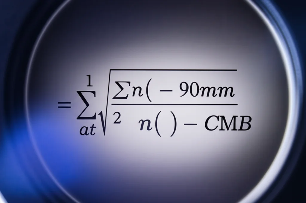 Concetto astratto che collega la temperatura di Hawking di un buco nero, la radiazione CMB e la scala di Planck attraverso medie geometriche. Macro lens 90mm, illuminazione controllata per evidenziare dettagli matematici simbolici, alta definizione.