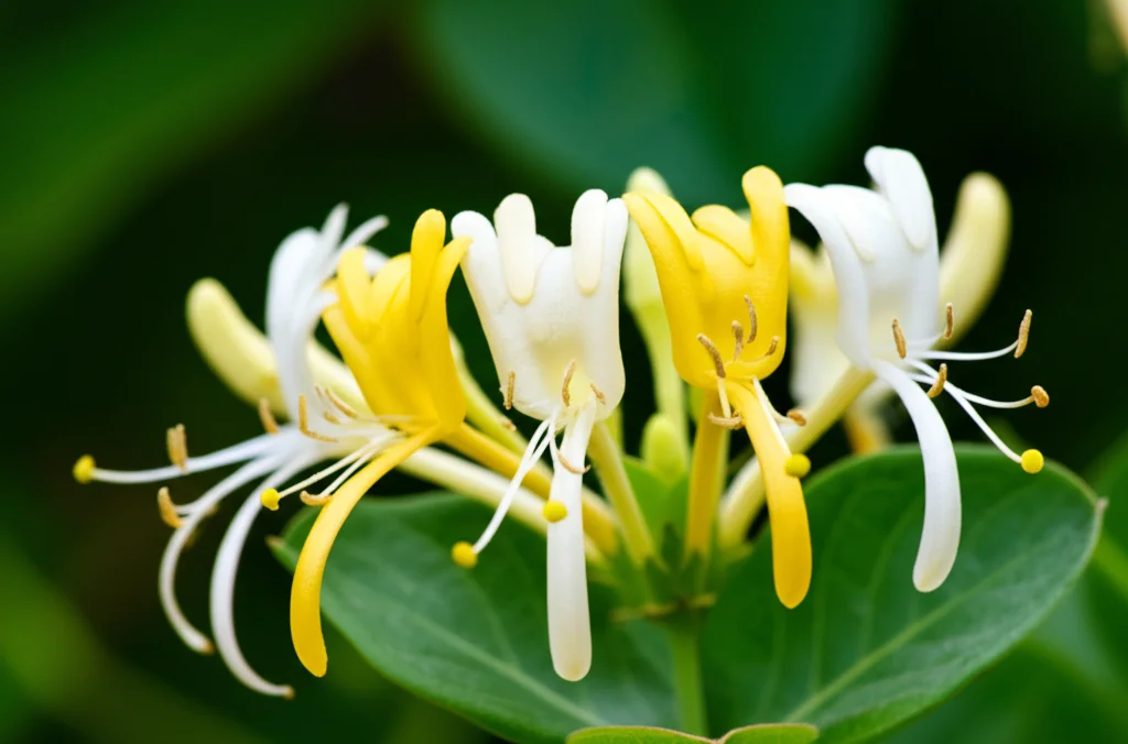 Primo piano di fiori di caprifoglio (Lonicera japonica) in piena fioritura, con dettagli vividi dei petali bianchi e gialli. Obiettivo macro 105mm, alta definizione, luce naturale diffusa per colori brillanti.