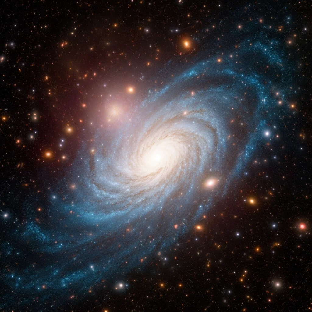 Rappresentazione cosmologica di un universo piatto secondo il modello Haug-Spavieri, con il 50% di materia e il 50% di energia oscura interpretata come energia gravitazionale relativistica. Obiettivo grandangolare 20mm, colori cosmici intensi, effetto di lente gravitazionale stilizzato.