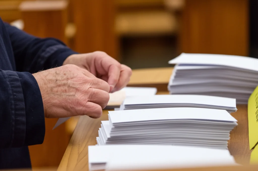 Fotografia macro, 100mm, illuminazione controllata. Dettaglio di mani che svolgono un compito semplice e ripetitivo, come piegare volantini o sistemare oggetti su uno scaffale, all'interno di una chiesa, simboleggiando ruoli di supporto ma limitati nella partecipazione attiva.