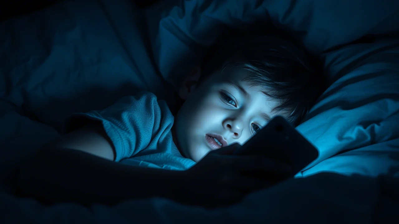 Immagine fotorealistica di un bambino delle elementari a letto al buio, illuminato solo dalla luce fredda dello schermo di uno smartphone che tiene vicino al viso. Obiettivo prime 35mm, profondità di campo ridotta focalizzata sullo schermo e sul volto del bambino, espressione assorta o ansiosa, stile duotone blu e grigio per accentuare la freddezza e la solitudine.
