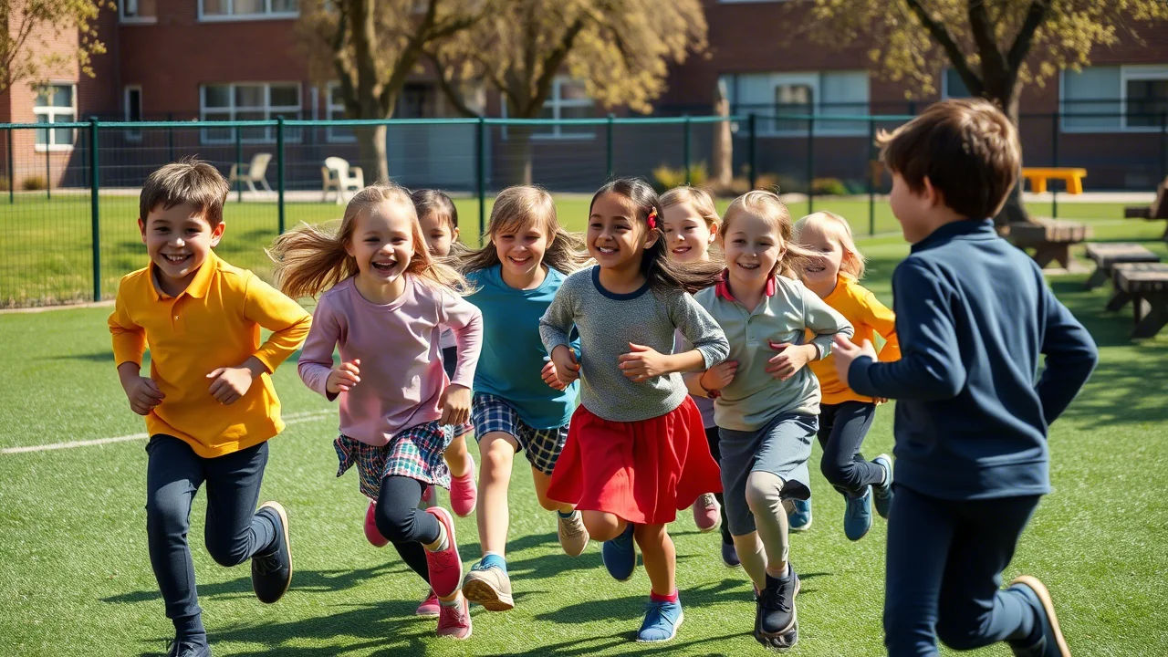 Foto d'azione fotorealistica scattata all'aperto in un parco giochi scolastico. Un gruppo diversificato di bambini delle elementari (10-12 anni) ride e gioca insieme durante una pausa, alcuni corrono, altri parlano in cerchio. Teleobiettivo zoom 100-400mm per catturare l'azione a distanza, velocità dell'otturatore elevata per congelare il movimento, luce solare naturale e vivace, colori brillanti.