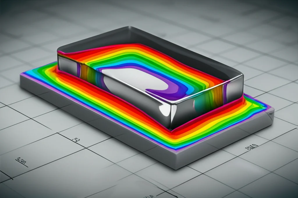 Visualizzazione 3D da simulazione FEM che mostra la distribuzione dello stress (colori caldi per stress elevato) su un campione di gel di silice termoconduttivo compresso, focus nitido sui gradienti di colore, sfondo tecnico astratto.
