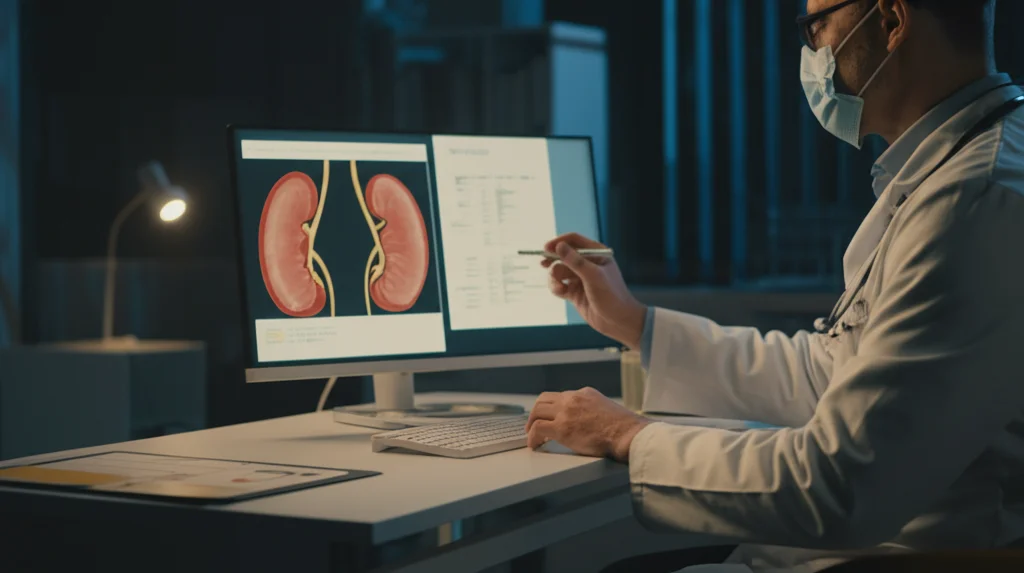 Fotografia di un medico nefrologo che esamina attentamente i risultati di un test di funzionalità renale su un computer nel suo studio, luce soffusa, obiettivo da 50mm, focus preciso sui dati a schermo.