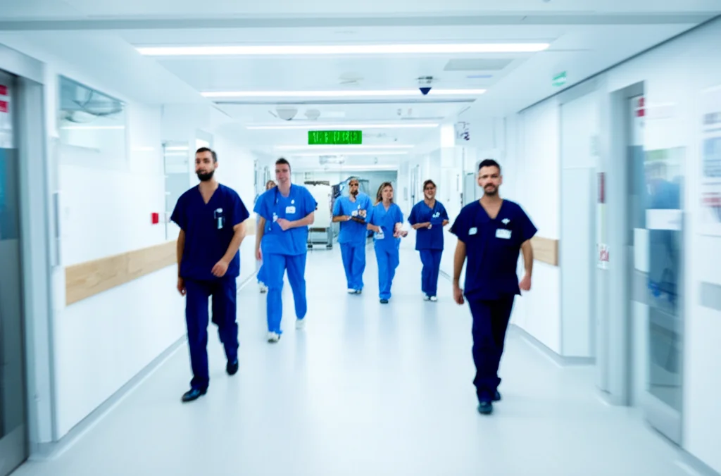 Vista grandangolare di un moderno reparto ospedaliero con medici e infermieri che si muovono nei corridoi luminosi, obiettivo wide-angle 18mm, focus nitido sull'ambiente generale, sensazione di attività e organizzazione.