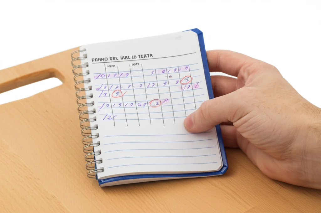 Primo piano di una mano che tiene un diario del mal di testa, con alcune date cerchiate e note. Illuminazione controllata per evidenziare i dettagli della carta e della scrittura. Obiettivo macro 90mm, alta definizione, messa a fuoco precisa.