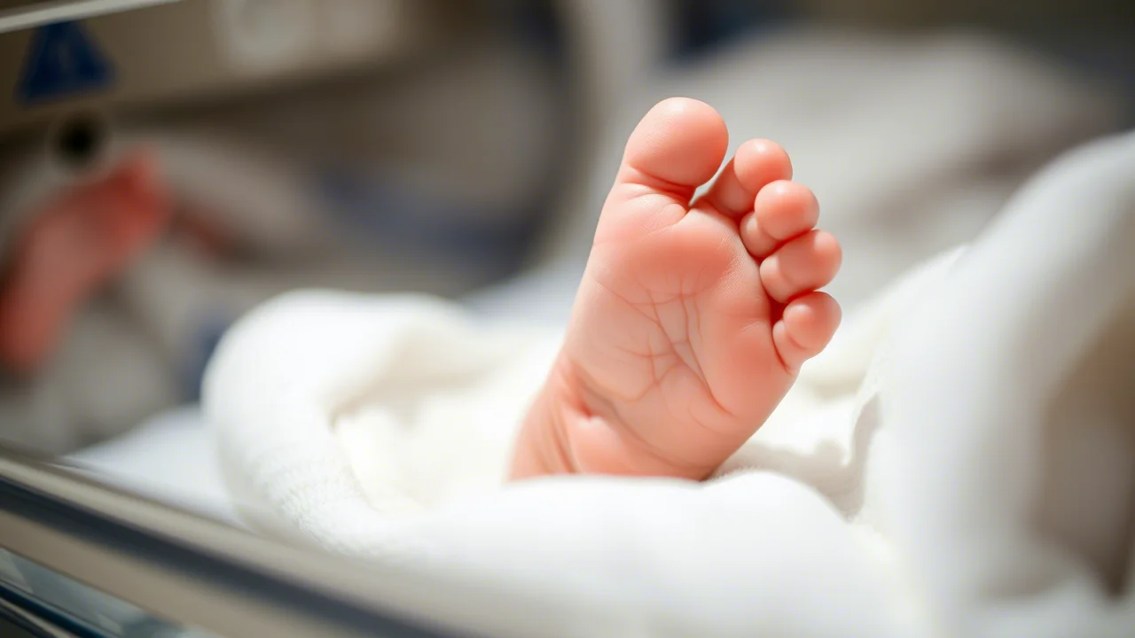 Fotografia macro di un minuscolo piedino di neonato pretermine in un'incubatrice NICU, messa a fuoco precisa sui dettagli della pelle delicata, illuminazione controllata e soffusa, obiettivo macro 90mm, alta definizione.