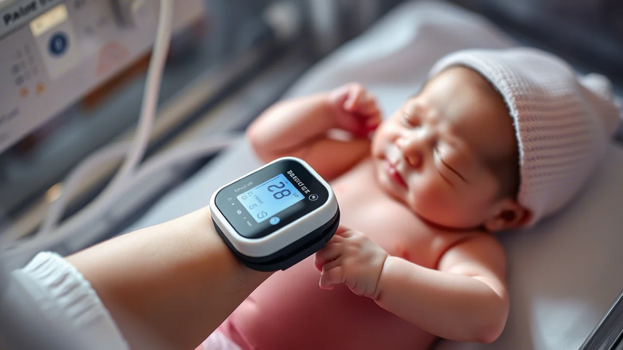 Fotografia realistica di un bracciale per la pressione sanguigna neonatale applicato delicatamente al braccio di un bambino pretermine in incubatrice, focus sul piccolo display digitale che mostra una lettura, profondità di campo ridotta, obiettivo prime 50mm.