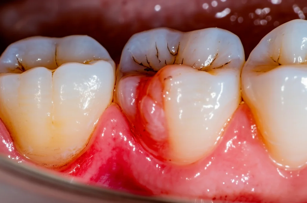 Macro fotografia, 90mm lens, che mostra gengive umane visibilmente infiammate, rosse e leggermente gonfie accanto a un dente, con focus preciso sulla texture gengivale alterata, illuminazione controllata per evidenziare i segni dell'infiammazione.