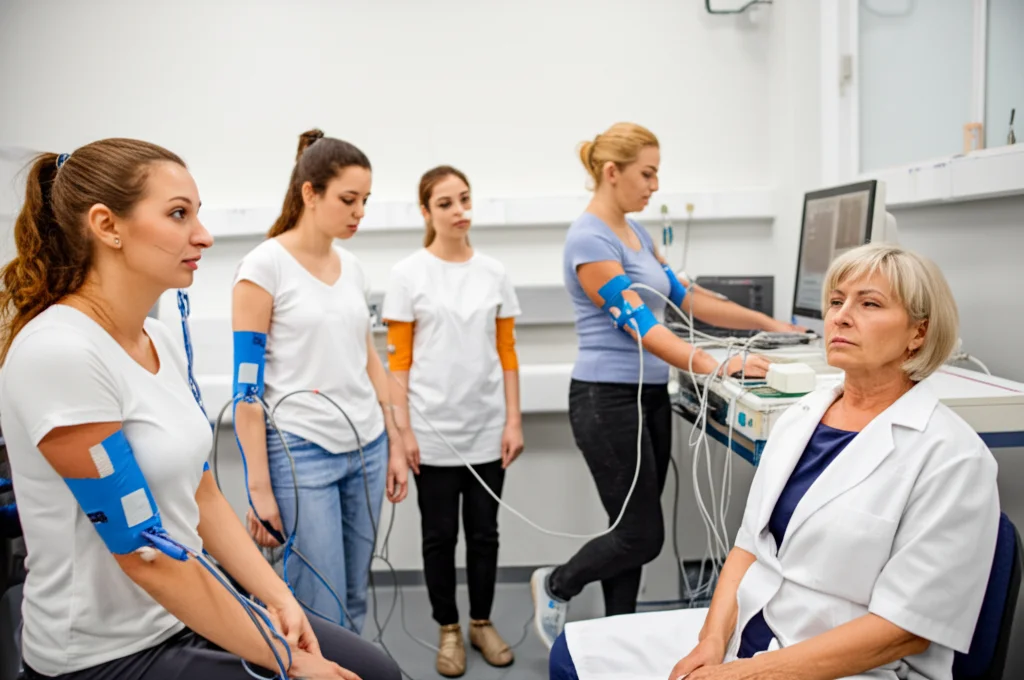 Due gruppi distinti di donne, uno di giovani adulte (circa 30 anni) e uno di donne mature (circa 60 anni), che partecipano a test fisiologici in un laboratorio medico con attrezzature per monitorare respiro e battito cardiaco, luce controllata da laboratorio, obiettivo prime 50mm, alta precisione.