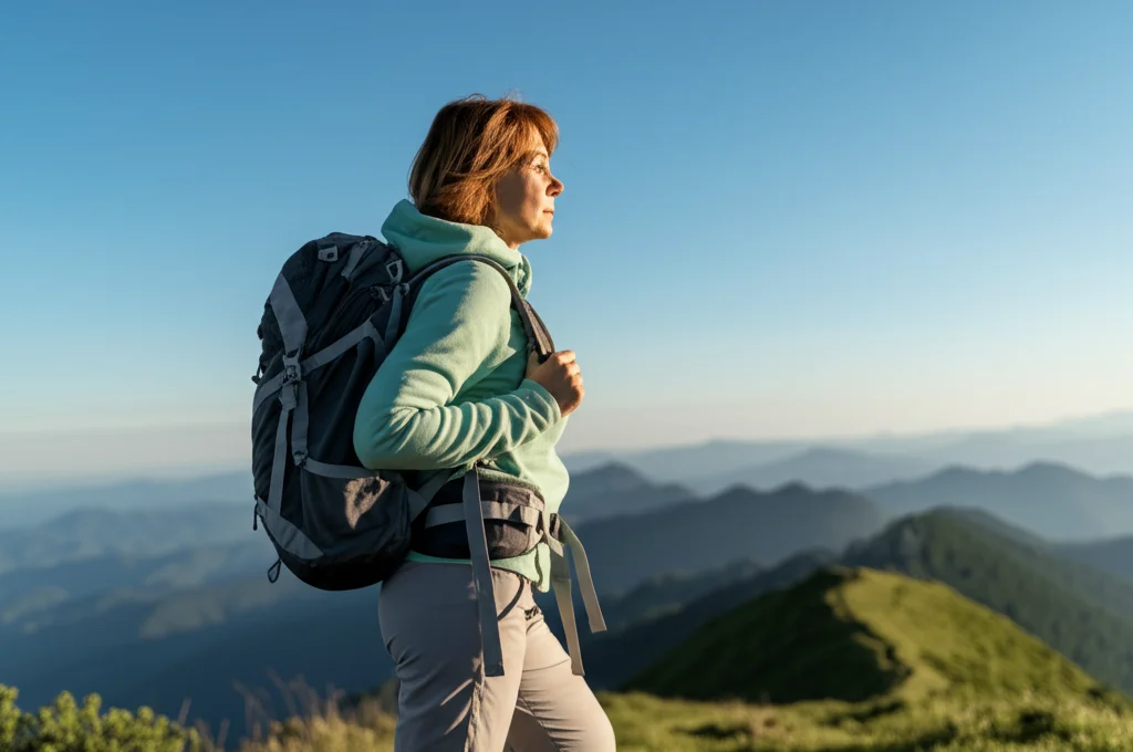 Donna matura con zaino da trekking che guarda soddisfatta un panorama montano da una vetta, cielo azzurro limpido, fotografia di paesaggio con grandangolo 14mm, messa a fuoco nitida su tutta la scena, luce solare brillante.
