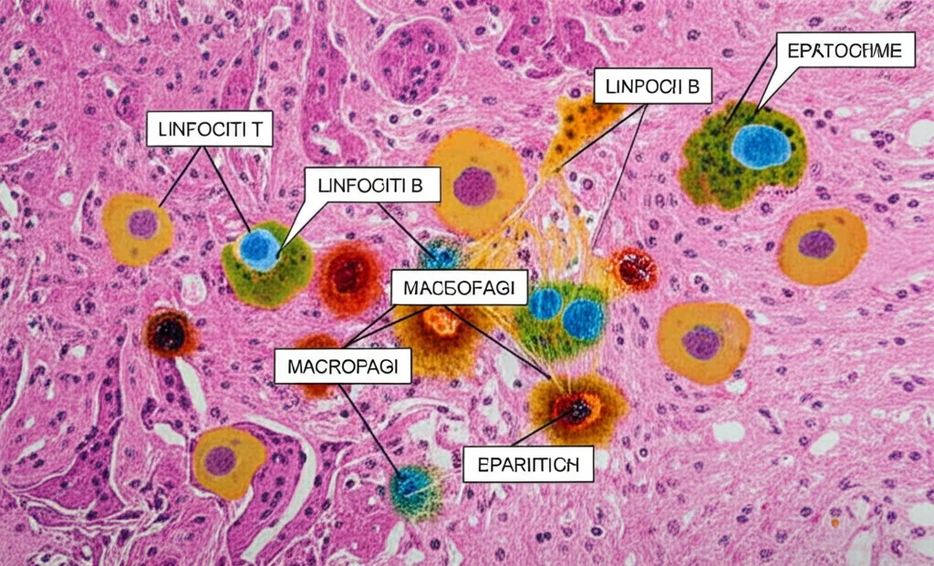 Infografica fotorealistica che illustra l'infiltrazione di diverse cellule immunitarie (linfociti T, linfociti B, macrofagi, cellule dendritiche - rappresentate con colori distinti e morfologie realistiche) nel tessuto epatico affetto da NASH. Le cellule sono mostrate interagire tra loro e con gli epatociti danneggiati. Vista microscopica simulata, obiettivo 60mm, alta definizione, focus preciso sulle interazioni cellulari.