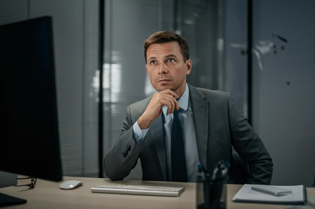 Fotografia ritratto, un manager pensieroso (sui 40 anni, uomo o donna) seduto a una scrivania moderna in ufficio, aspetto leggermente stressato ma determinato, carte sparse, luce dalla finestra. Obiettivo Prime, 35mm, profondità di campo, duotono blu e grigio sottile.