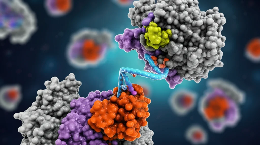 Illustrazione fotorealistica di una proteina ESRRB (struttura molecolare stilizzata ma realistica) che si lega a una sequenza di DNA MIR enhancer. Focus selettivo sulla zona di legame, sfondo sfocato del nucleo cellulare, illuminazione drammatica per enfatizzare l'interazione chiave. Macro lens, 85mm, profondità di campo ridotta.