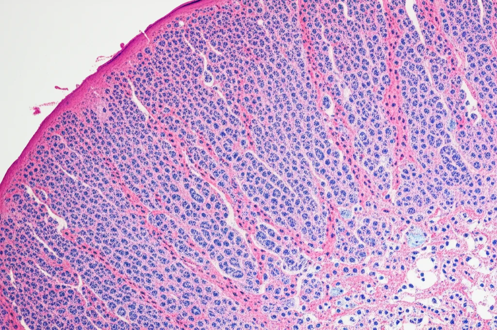 Immagine macro fotorealistica di una sezione di fegato di ratto con fibrosi indotta sperimentalmente (modello CCl4). Si evidenziano spessi setti fibrotici (colorati in blu con colorazione di Masson simulata) che distorcono la normale architettura epatica. Obiettivo macro 100mm, illuminazione laterale per accentuare la texture del tessuto cicatriziale, alta definizione.