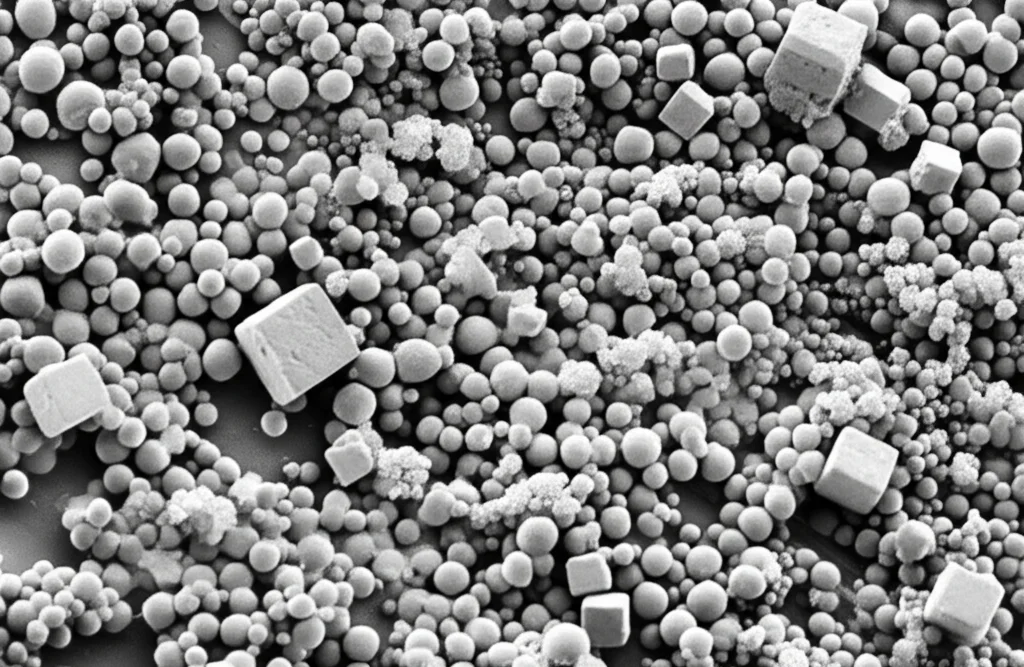 Macro fotografia, 85mm lens, che mostra microparticelle sferiche e cubiche di carbonato di calcio drogato con cerio (CaCO3:Ce) su una superficie piana, illuminazione controllata per evidenziare la texture cristallina, alta definizione, messa a fuoco precisa.