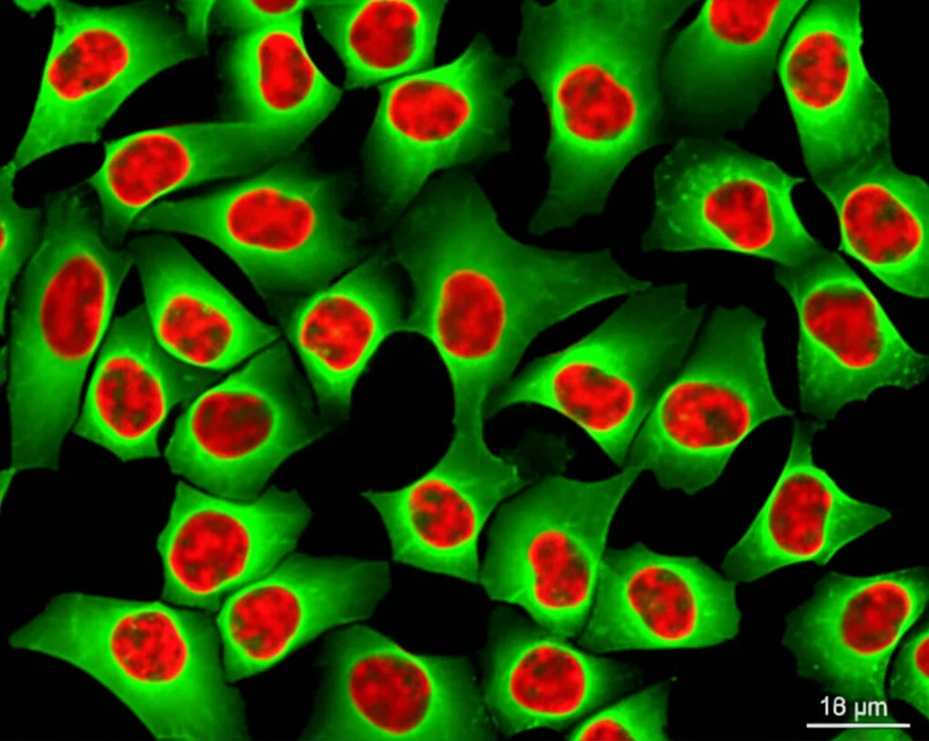 Immagine al microscopio a fluorescenza, obiettivo 40x, che mostra cellule adipose (3T3-L1) trattate con CaCO3:Ce e LIUS. Cellule vive colorate in verde (calceina AM) e cellule morte in rosso (propidio ioduro), evidenziando un'alta percentuale di cellule rosse. Illuminazione specifica per fluorescenza, alta risoluzione.