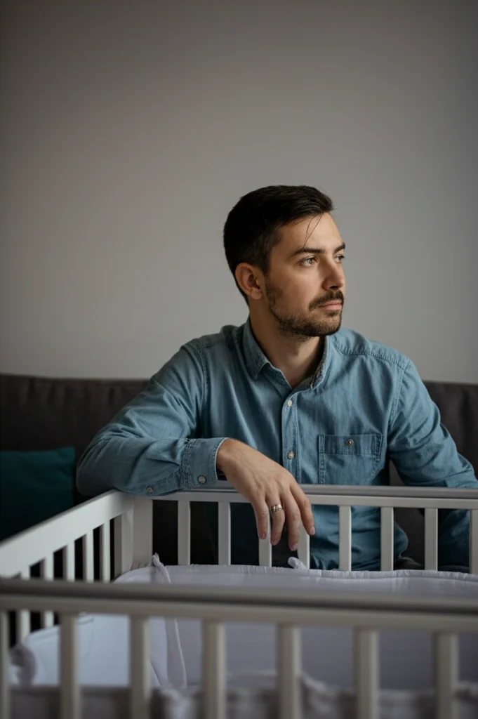 Ritratto fotografico di un padre di circa 30 anni, seduto su un divano accanto a una culla vuota, sguardo pensieroso ma affettuoso rivolto fuori campo, forse verso il bambino. Luce naturale morbida proveniente da una finestra laterale. Obiettivo prime 35mm, profondità di campo ridotta per sfocare leggermente lo sfondo, toni caldi e realistici.