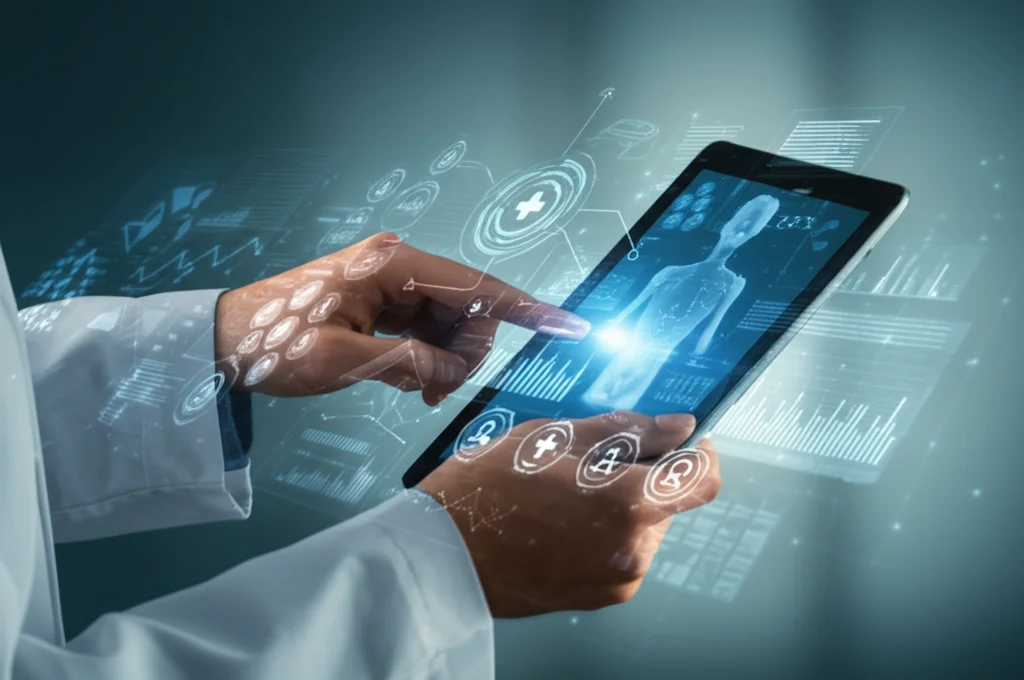 Primo piano di un medico che consulta un tablet con grafici di dati medici astratti, simboleggiando l'uso dell'AI e dei database in medicina. Luce controllata, focus preciso sui dettagli dello schermo e sulle mani del medico, obiettivo macro 85mm.