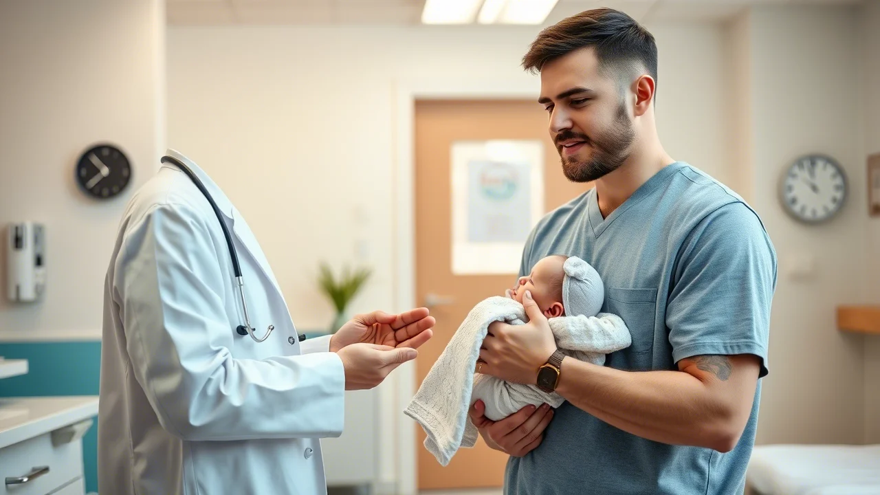 Scena all'interno di uno studio medico luminoso e accogliente. Un medico sorridente sta parlando con un giovane padre che tiene in braccio un neonato. Il padre ascolta attentamente, con un'espressione seria ma rassicurata. Obiettivo zoom 50mm, illuminazione controllata da studio, colori naturali e vividi, alta definizione.