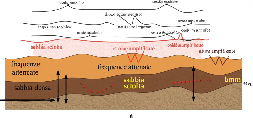 Diagramma astratto che visualizza le onde sismiche filtrate da uno strato di terreno liquefatto, mostrando alcune frequenze attenuate (sabbia sciolta) e altre amplificate (sabbia densa). Wide-angle, 20mm, sharp focus, concept visualization.