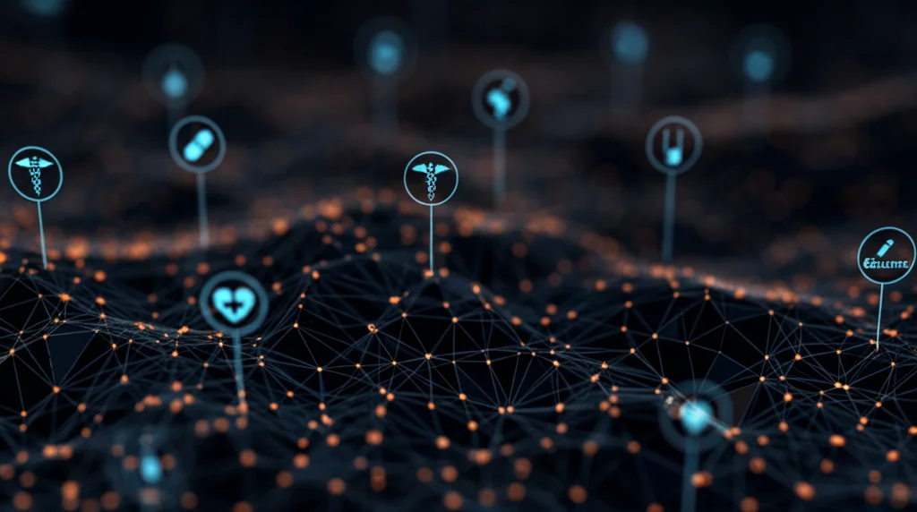Immagine concettuale astratta che rappresenta fattori di rischio interconnessi come età, indice di comorbilità (simboleggiato da icone mediche stilizzate) e livelli di glucosio, visualizzati come una rete neurale luminosa. Profondità di campo, colori duotone blu e arancio.