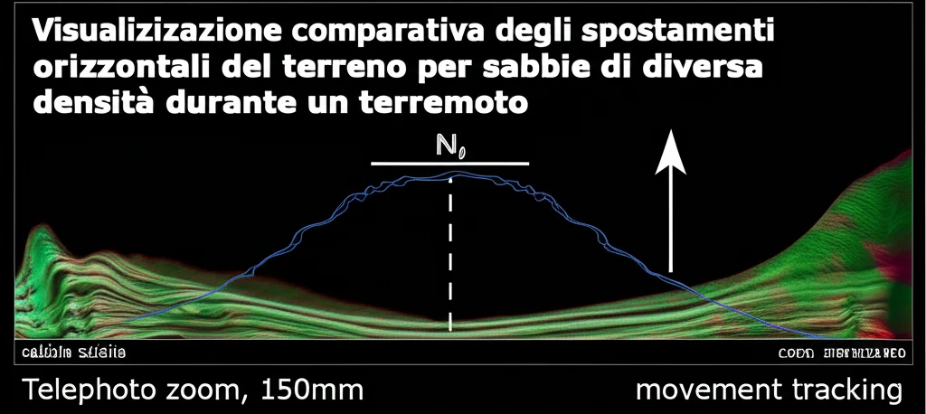Visualizzazione comparativa degli spostamenti orizzontali del terreno per sabbie di diversa densità durante un terremoto. La sabbia sciolta mostra maggiore spostamento finale ma oscillazioni smorzate. Telephoto zoom, 150mm, movement tracking.