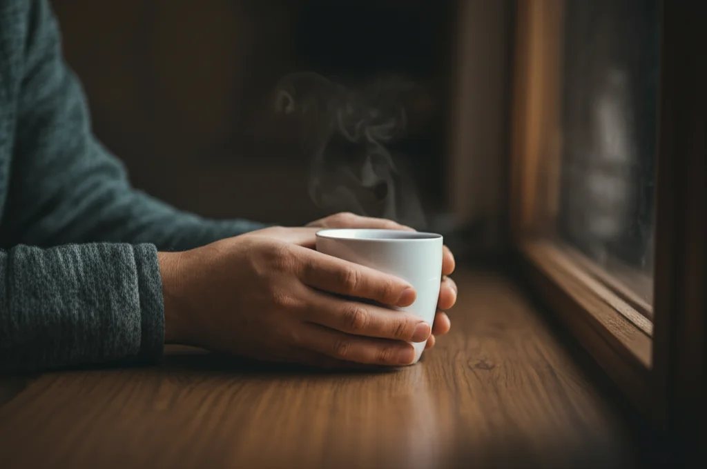 Primo piano sulle mani di un uomo che stringono delicatamente una tazza di tè caldo, vapore che sale. Luce morbida e calda proveniente da una finestra vicina. Fotografia still life, obiettivo macro 100mm, alta definizione sui dettagli della ceramica e delle mani, sfondo leggermente sfocato per concentrarsi sul gesto di conforto e cura di sé.