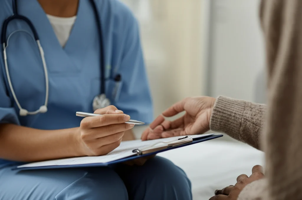 Primo piano stretto sulle mani di un'infermiera pediatrica che mostra un foglio con istruzioni a un genitore preoccupato ma attento, obiettivo 50mm prime, profondità di campo ridotta che mette a fuoco le mani e il foglio, luce calda e rassicurante, stile documentaristico realistico.