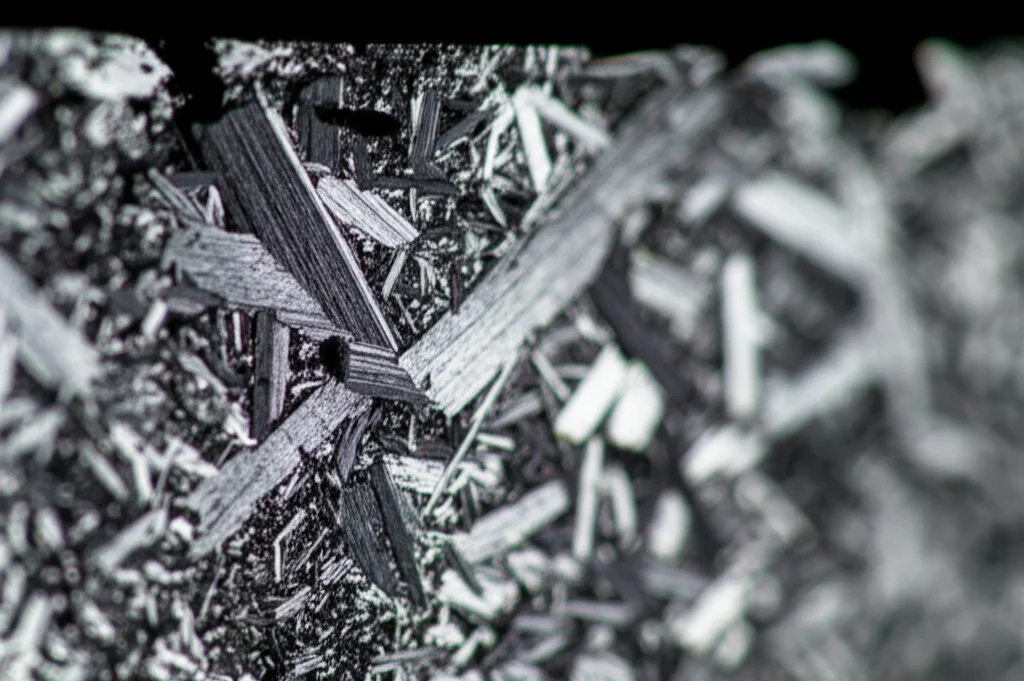 Macro fotografia di cristalli di LiFePO4 drogati con magnesio, illuminazione controllata per evidenziare la struttura cristallina fine e omogenea, lente macro 100mm, alta definizione, sfondo sfocato.