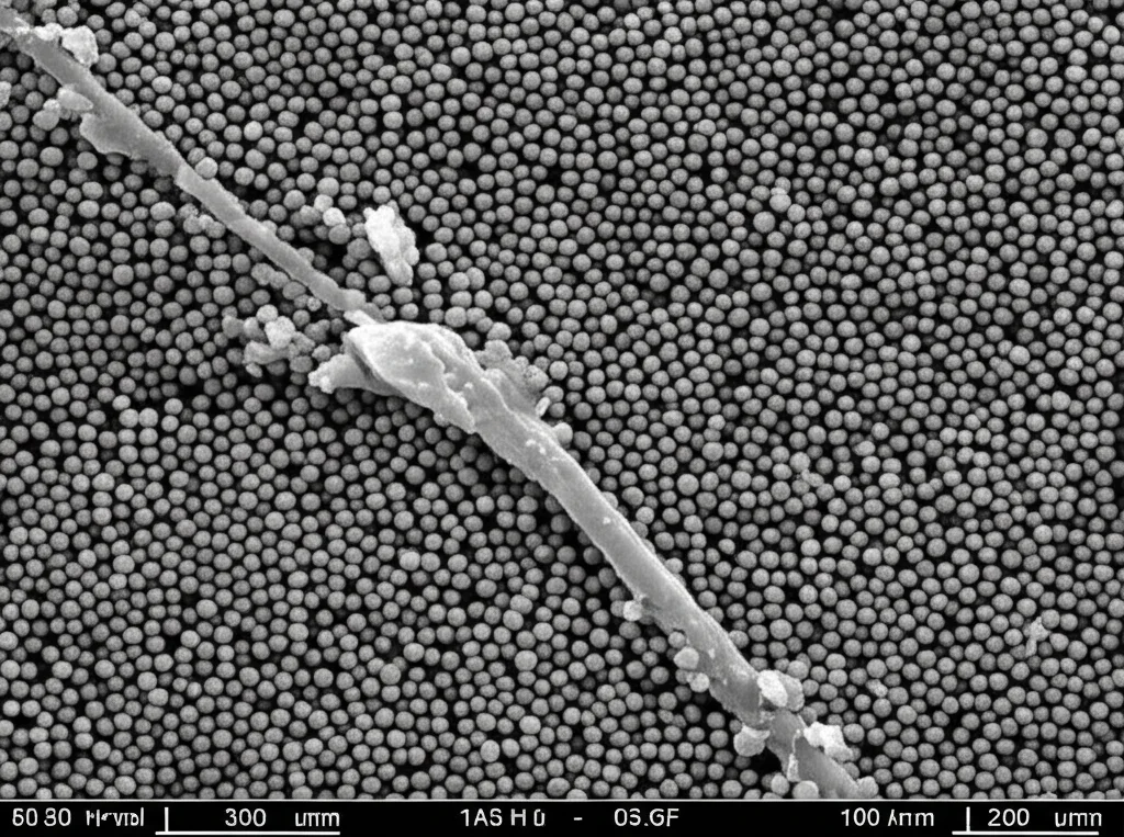 Immagine SEM (Microscopio Elettronico a Scansione) di particelle secondarie sferiche di LiFePO4, mostrando dettagli della porosità interna e l'agglomerazione delle particelle primarie più piccole, alta definizione, contrasto elevato.