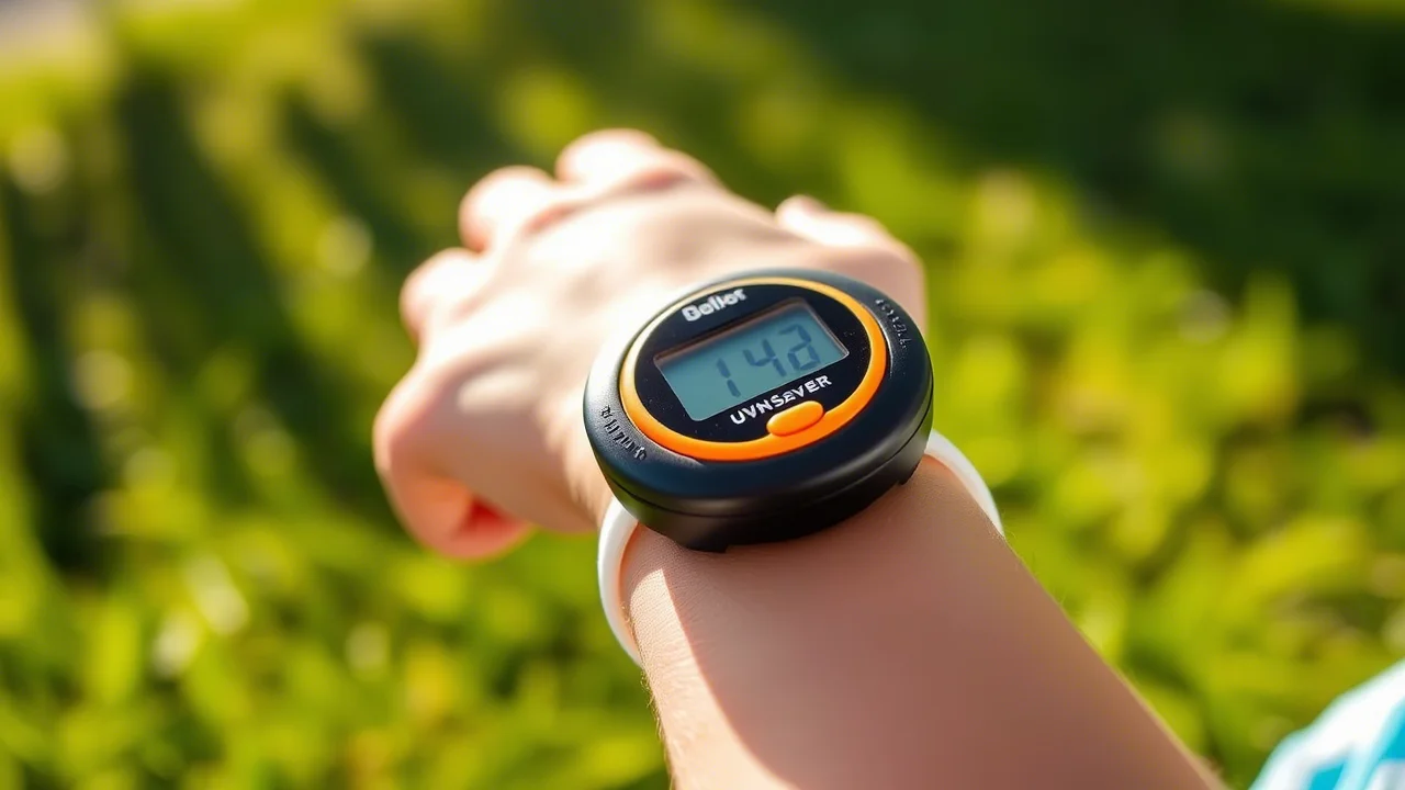 Fotografia macro, lente 85mm, di un piccolo dosimetro elettronico UVR modello SunSaver indossato al polso di un bambino. Il focus è nitido sul sensore UVR del dispositivo, con lo sfondo leggermente sfocato che mostra erba verde e luce solare. Illuminazione controllata per evidenziare i dettagli del dosimetro.