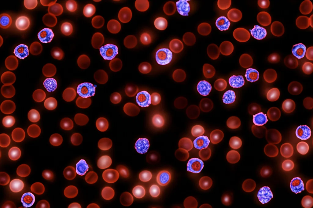 Macro fotografia, lente 90mm, alto dettaglio, illuminazione controllata, che mostra vari tipi di linfociti umani (cellule T, cellule B, cellule NK) sottilmente evidenziati in diversi colori su sfondo scuro, rappresentando un'analisi del campione di sangue.