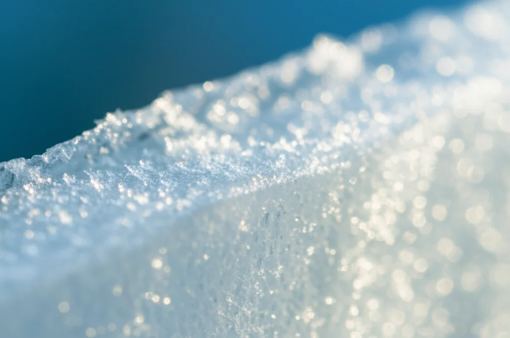 Primo piano macro di una superficie di ghiaccio perfettamente liscia in un'arena, illuminazione controllata laterale che ne esalta la texture cristallina, lente macro 90mm, messa a fuoco precisa sui cristalli di ghiaccio, leggerissima e sottile brina visibile solo su un piccolo angolo per contrasto.