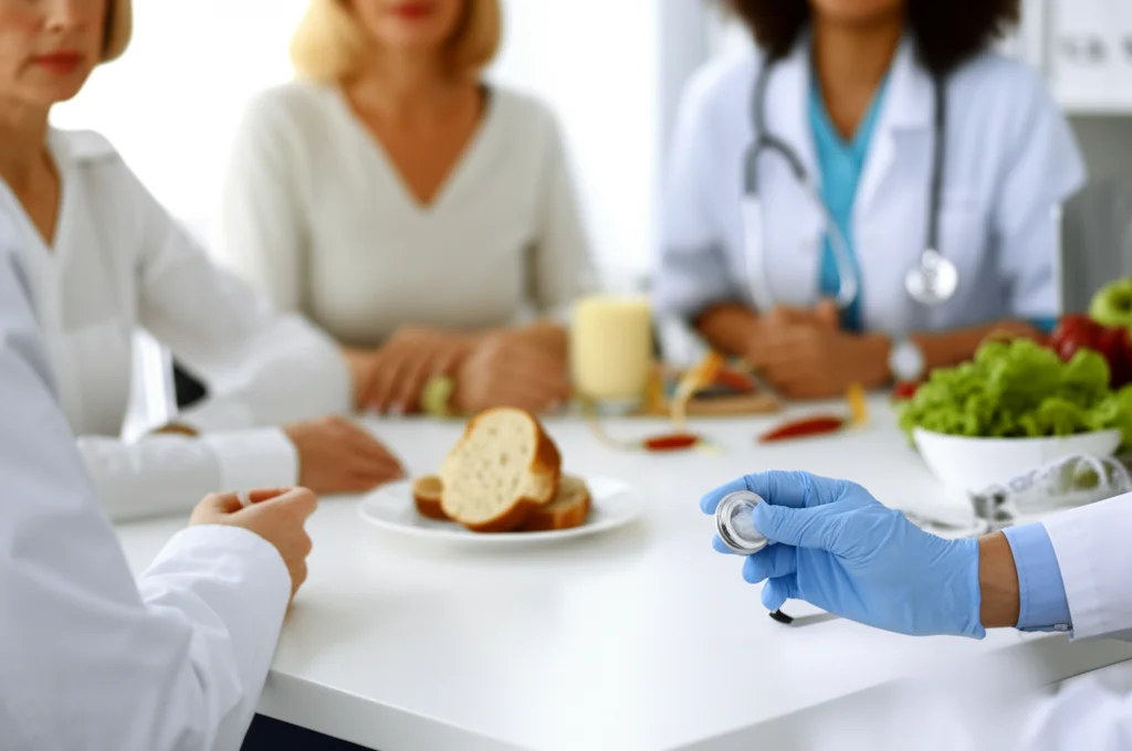 Fotografia ritratto, lente 35mm, profondità di campo, mostra un gruppo eterogeneo di adulti di mezza età (uomini e donne, diverse etnie) durante un controllo sanitario, con sottili indizi visivi legati alla salute metabolica (es. metro da sarto, cibo sano vs cibo processato sfocati sullo sfondo).