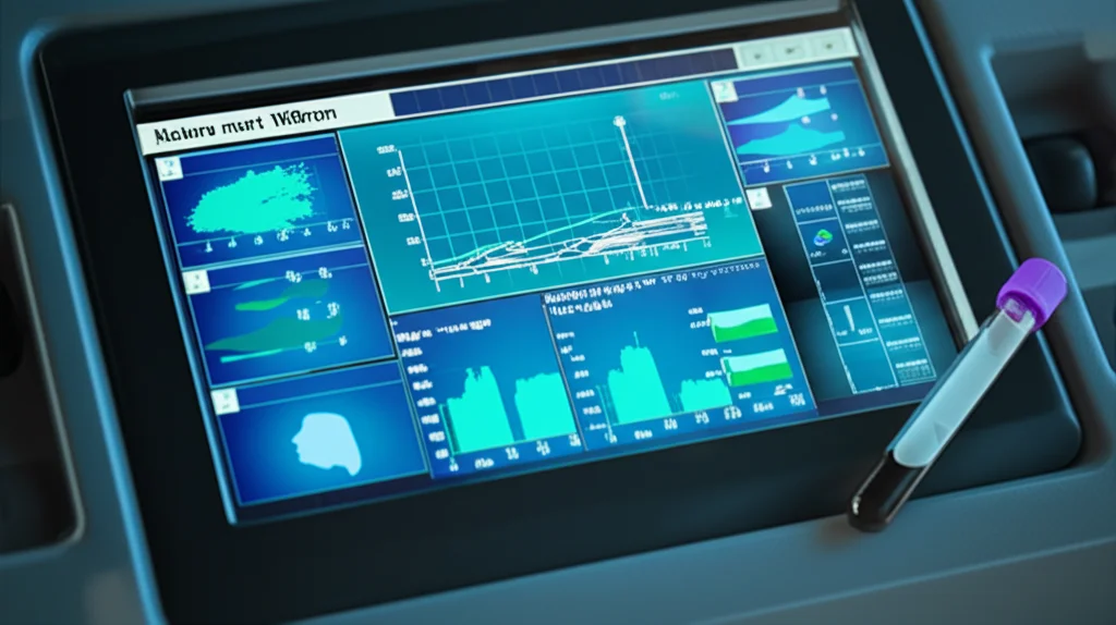Natura morta, lente macro 100mm, messa a fuoco precisa, mostra lo schermo di una macchina futuristica per analisi del sangue che visualizza conteggi e grafici dei sottogruppi linfocitari, con una provetta di sangue vicina, simboleggiando la diagnostica avanzata per la salute del fegato.