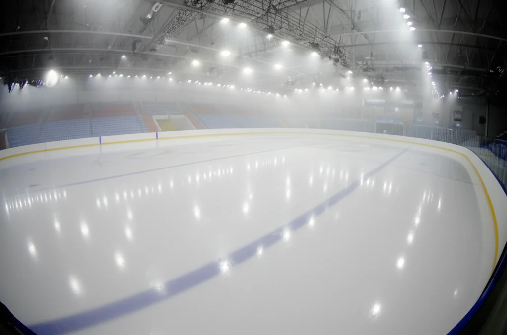 Scatto grandangolare dall'alto di un'arena di pattinaggio moderna e vuota, luci accese sulla pista perfettamente liscia, lente grandangolare 18mm, messa a fuoco nitida su tutta la scena, atmosfera pulita e tecnologica, leggero effetto nebbia fredda vicino al ghiaccio.