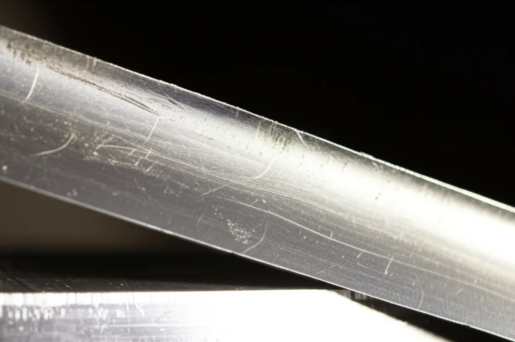 Macro fotografia di una lamiera metallica sottile che mostra evidenti segni di strizione (necking) durante una prova di trazione in laboratorio, illuminazione laterale controllata per evidenziare la texture, alta definizione, lente macro 90mm.