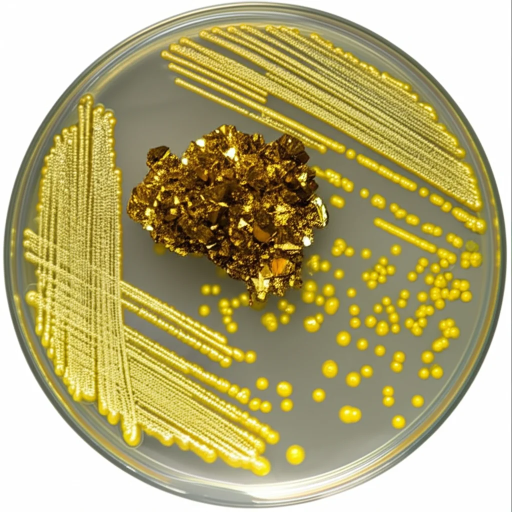 Macro lens, 100mm, high detail, controlled lighting, un piccolo campione di minerale monazite, ricco di terre rare, accanto a una piastra di Petri con colonie batteriche brillanti di Gluconobacter oxydans, simboleggiando il processo di bioleaching.