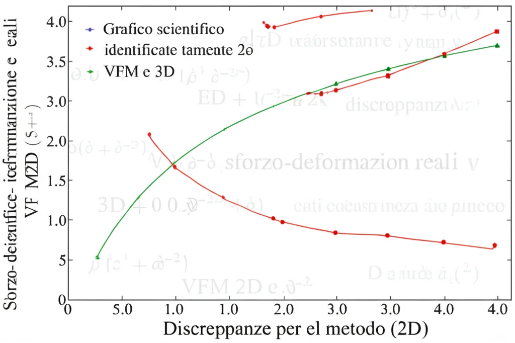 Grafico scientifico complesso che mostra curve sforzo-deformazione reali e identificate tramite VFM 2D e 3D, evidenziando le discrepanze per il metodo 2D, con formule matematiche della legge di Swift sovrapposte in trasparenza, stile infografica chiara.