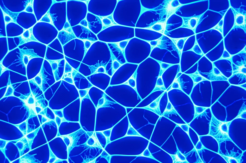 Immagine macrofotografica ad alta definizione di cellule staminali mesenchimali umane (hUC-MSCs) in una piastra di coltura, illuminate da una luce blu soffusa proveniente dall'alto. Obiettivo macro 100mm, illuminazione controllata, messa a fuoco precisa sulle cellule fusiformi. Profondità di campo ridotta.