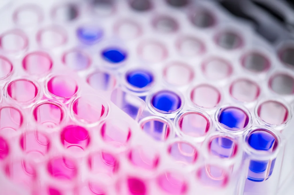 Macro lens, 60mm, high detail, precise focusing, una micropiastra a 96 pozzetti utilizzata nello screening ad alta produttività, con alcuni pozzetti che mostrano distinti cambiamenti di colore (dal rosa al blu) indicativi dei risultati del bioleaching, sfondo di laboratorio leggermente sfocato.