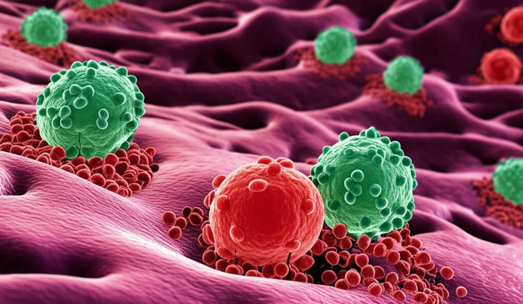 Visualizzazione scientifica 3D fotorealistica che mostra nuovi vasi sanguigni (angiogenesi) che si formano in un tessuto danneggiato, con cellule immunitarie (macrofagi M1 rossi e M2 verdi) che interagiscono. Illuminazione drammatica che evidenzia le strutture cellulari. Dettagli elevati.