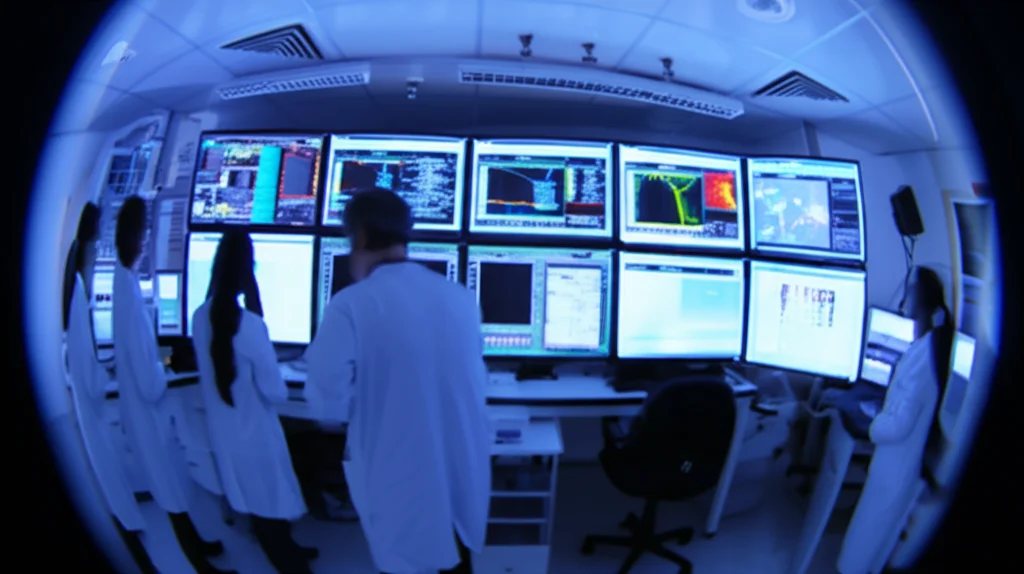 Wide-angle lens, 24mm, sharp focus, un moderno laboratorio illuminato con ricercatori (figure sfocate sullo sfondo) che osservano complesse visualizzazioni di dati di reti geniche o percorsi metabolici su grandi schermi, rappresentando l'analisi dell'ontologia genica.
