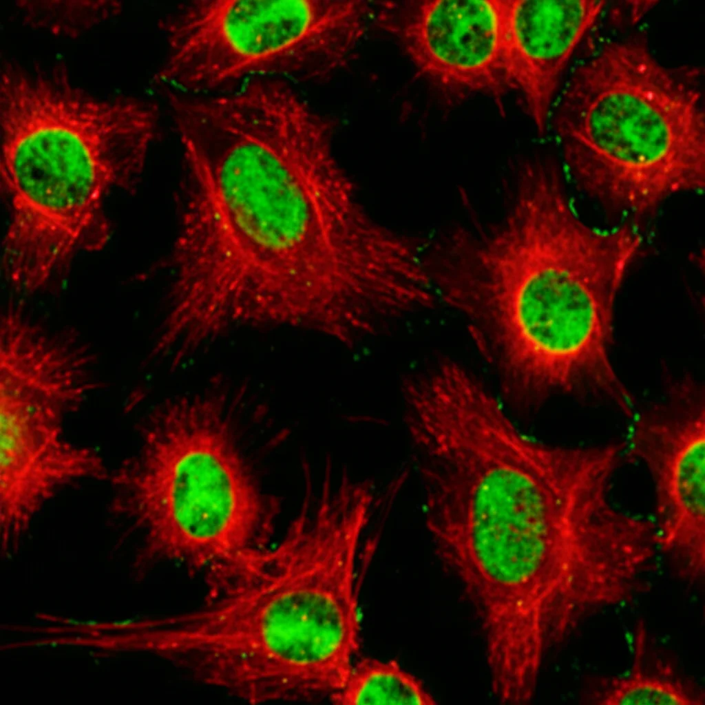 Fotomicrografia realistica di macrofagi M2 (verdi fluorescenti) e M1 (rossi fluorescenti) in co-coltura, vista attraverso un microscopio confocale. Alta risoluzione, colori vibranti, sfondo scuro. Obiettivo ad alta apertura numerica.